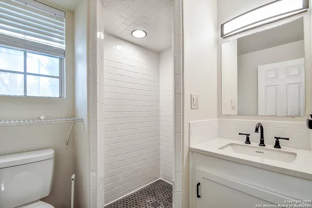 a bathroom with a sink a toilet and shower