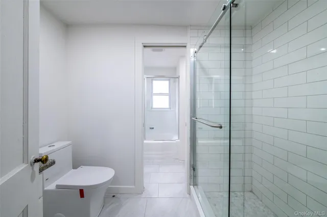 a bathroom with a shower and toilet