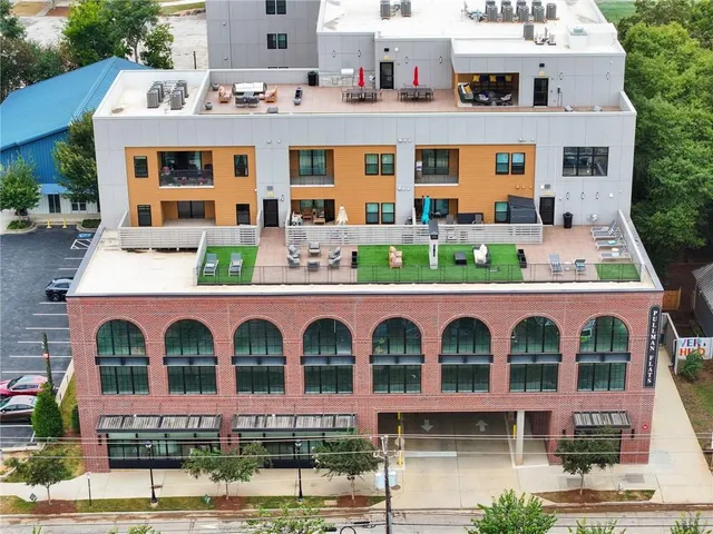 a front view of a multi story building