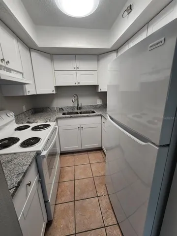 a kitchen with a stove a sink and a refrigerator
