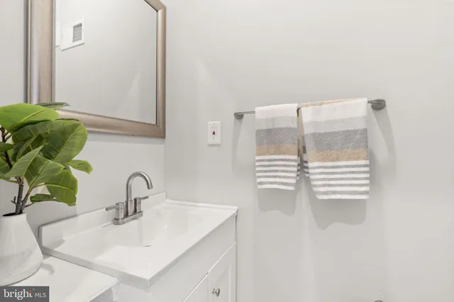 a bathroom with a sink a mirror and shower