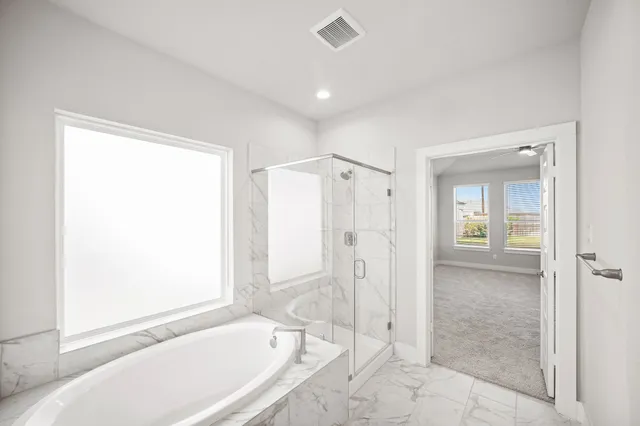 a bathroom with a bathtub and a shower