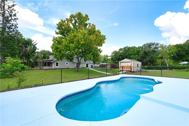 a view of a swimming pool with a yard