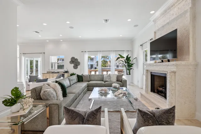 a living room with furniture and a potted plant