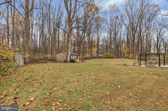 a backyard of apartments with large trees