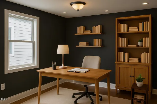 a view of a workspace with furniture and a bookshelf