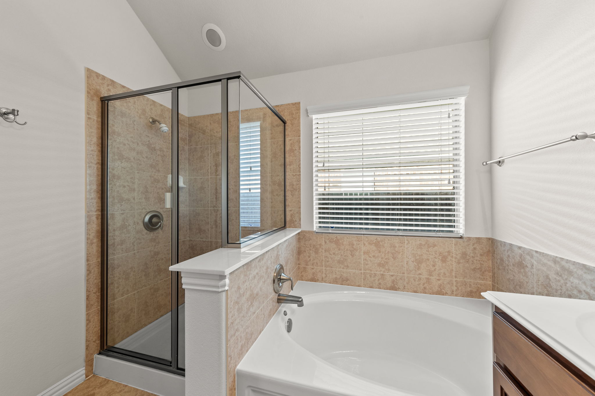 411 Tascate Street Georgetown, TX 78628 - Photo 25 of 41 Indulge in a corner soaking tub and glass-enclosed shower, creating a serene spa-like retreat.