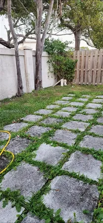 a view of backyard with wooden fence and a large tree