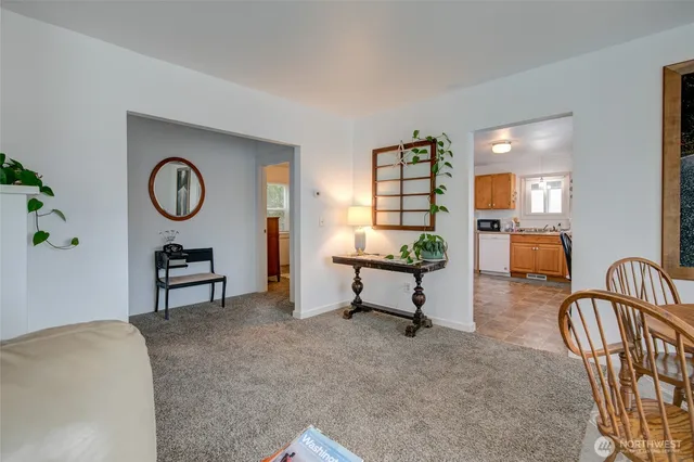 a living room with furniture a rug and a potted plant