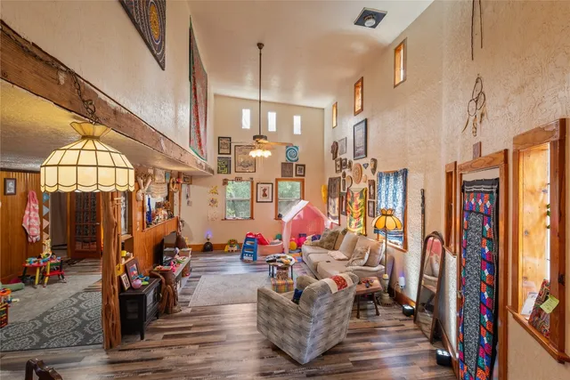 a living room with furniture a rug and gym equipment