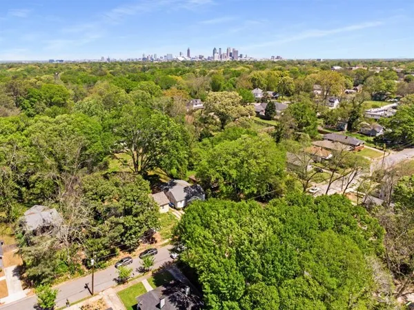 a view of a city with lush green forest