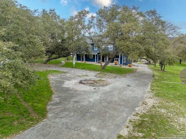 a view of a park with large trees