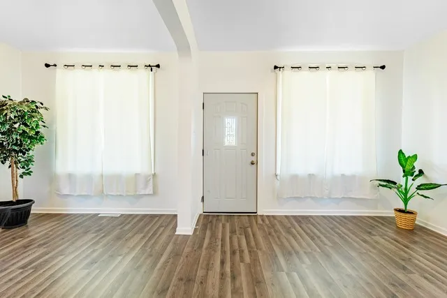 a view of an entryway with wooden floor and a potted plant