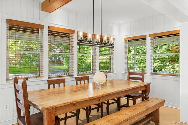 a view of a dining room with furniture window and outside view