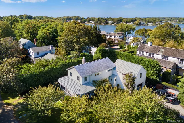 an aerial view of a house with a garden