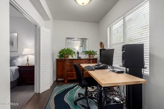 a view of a dining room with furniture