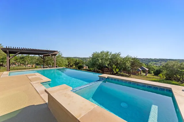 a view of a pool with a yard