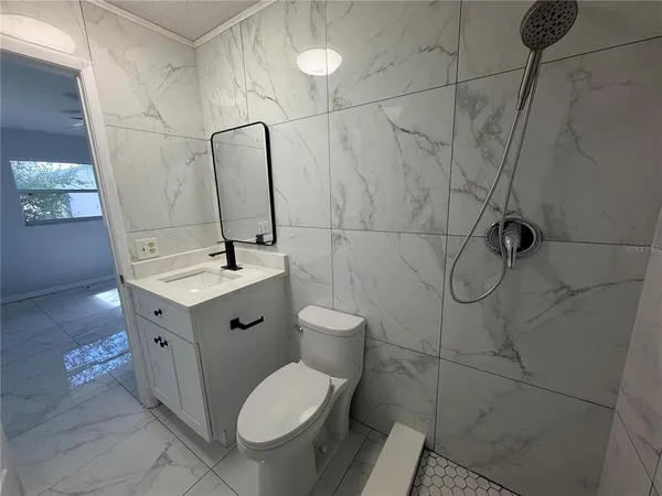 a bathroom with a toilet sink and mirror
