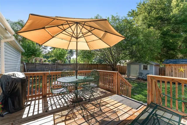 a view of a backyard with a garden and tree