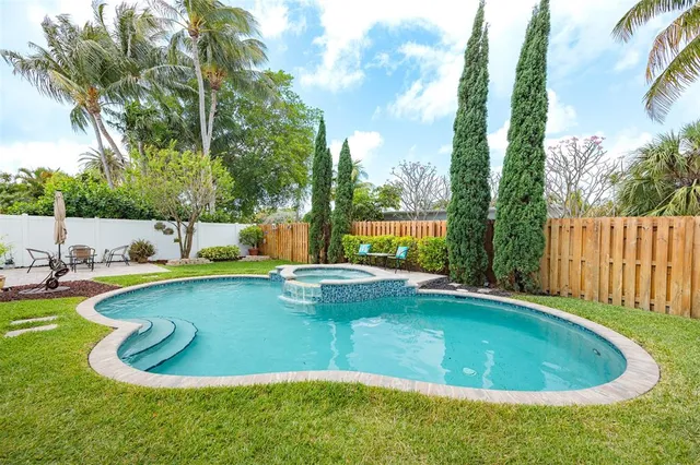 a view of a swimming pool with a yard