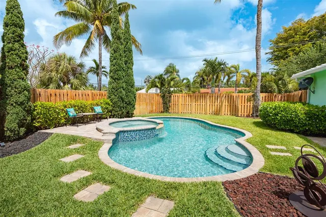 a view of a swimming pool with a yard