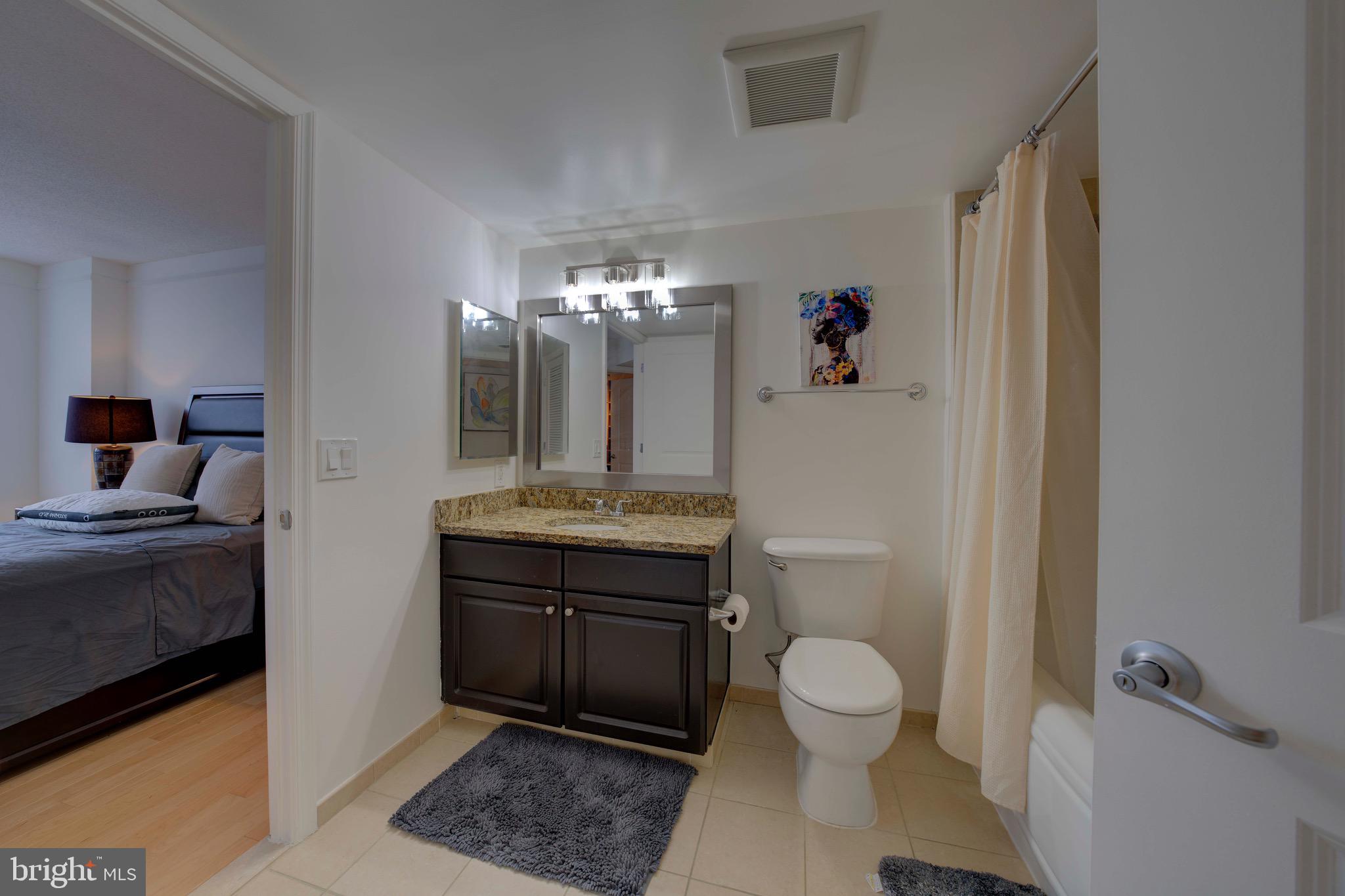 11800 Sunset Hills Road, Unit 222 Reston, VA 20190 - Photo 29 of 70 a spacious bathroom with a granite countertop toilet a sink and a mirror
