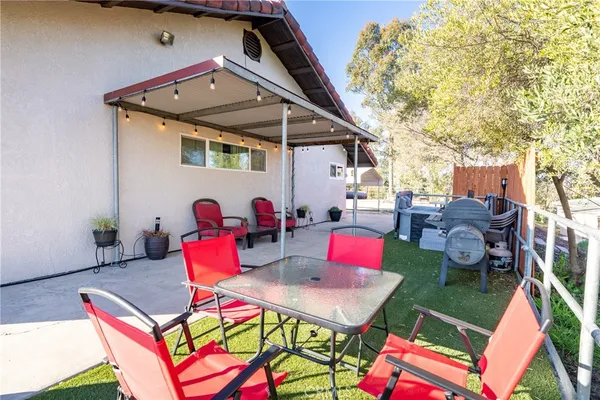 an outdoor space with furniture