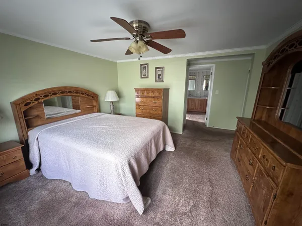 a spacious bedroom with a bed and a dresser
