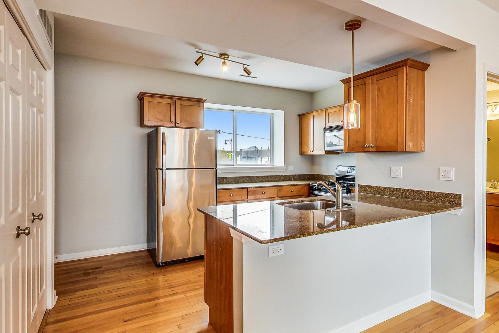 4017 North Troy Street, Unit 2W Chicago, IL 60618 - Photo 7 of 18 a kitchen with granite countertop a refrigerator and a sink