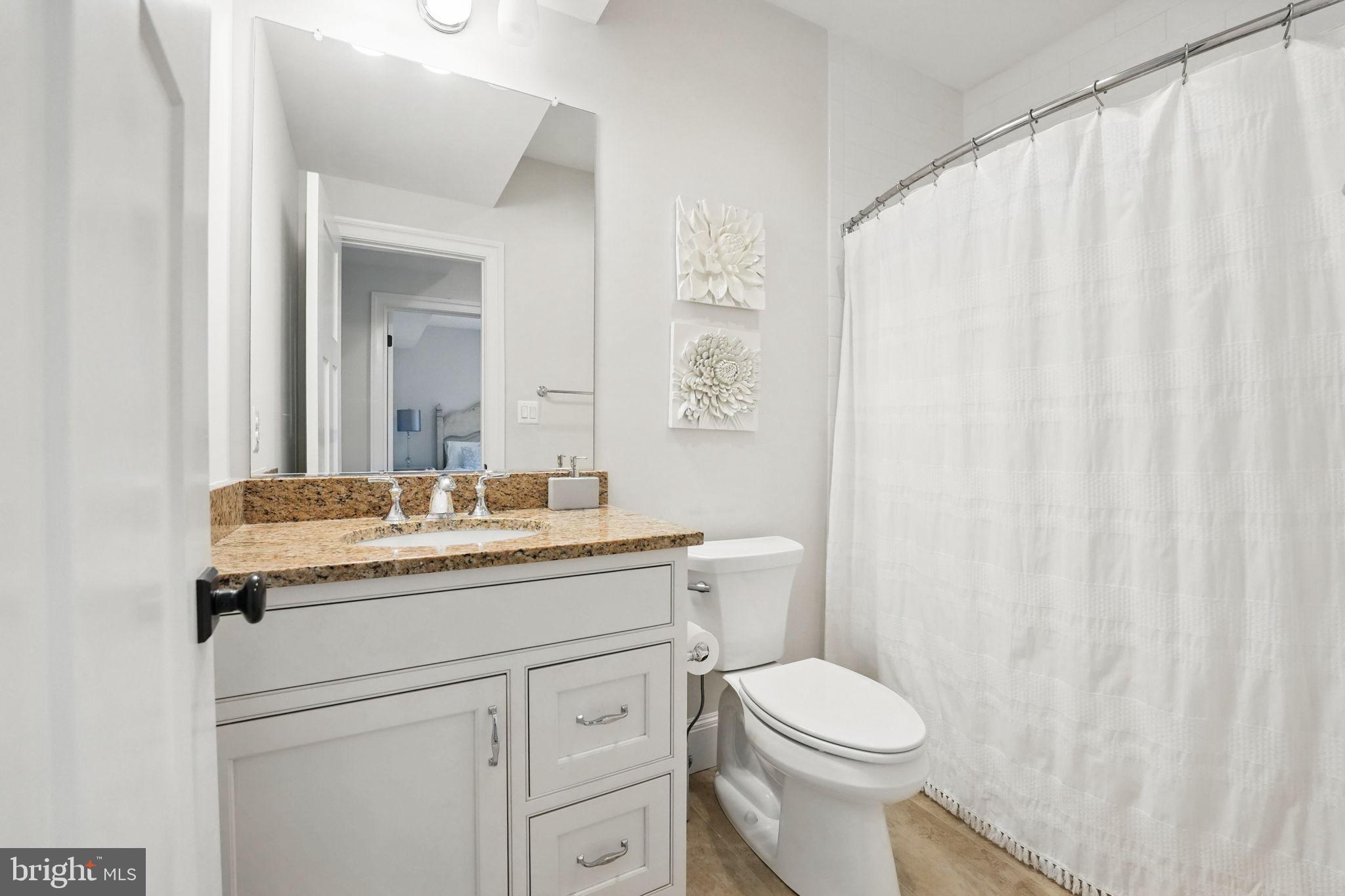 6645 Byrns Place McLean, VA 22101 - Photo 57 of 64 a bathroom with a granite countertop sink a toilet and a mirror