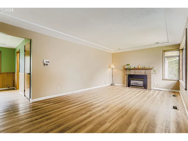 a view of empty room with wooden floor and fireplace