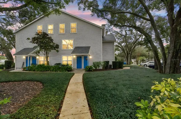 a view of a park with large trees