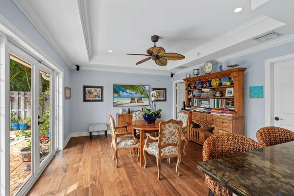 a view of a dining room with furniture window and outside view