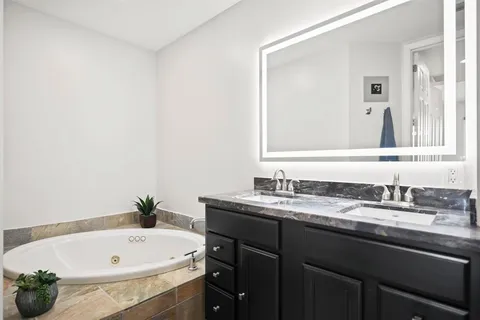 a bathroom with a tub sink and mirror