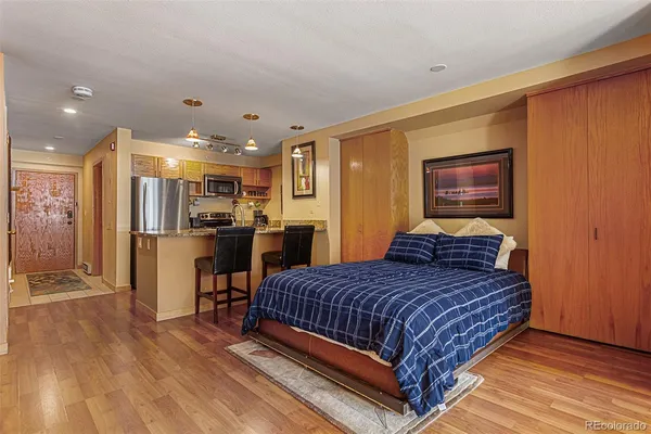 a bedroom with a bed and a view of kitchen