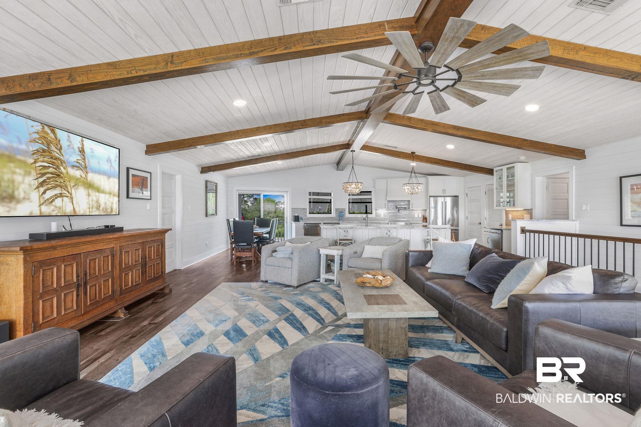 32130 River Road Orange Beach, AL 36561 - Photo 7 of 51 Living room featuring wood finished floors, wood ceiling, a ceiling fan, and recessed lighting