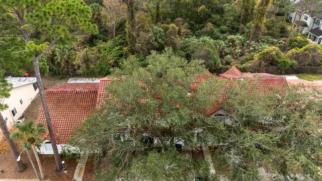 a view of a yard with plants and brick wall