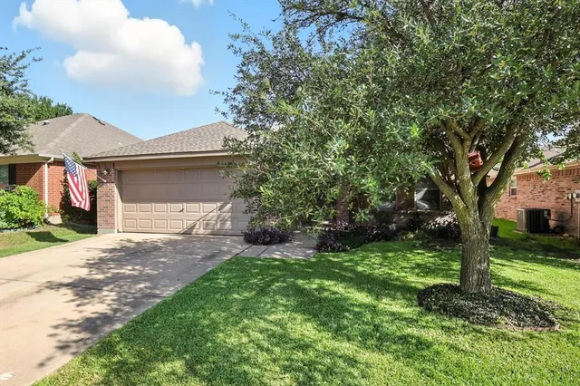 a view of a yard in front of a house with a large tree