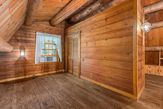 a view of a garage with storage