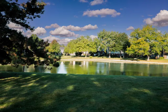 a view of a lake with a big yard