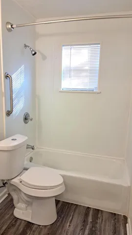 a bathroom with a toilet and a bath tub