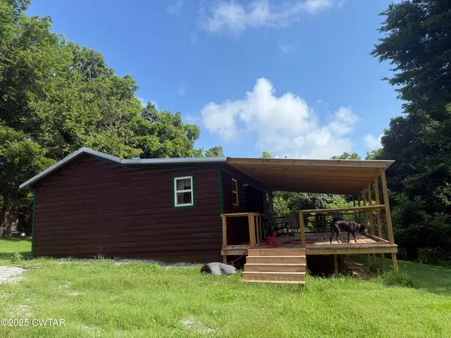 a backyard of a house with potted plants and large tree