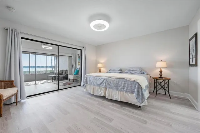 a spacious bedroom with a bed and a large window