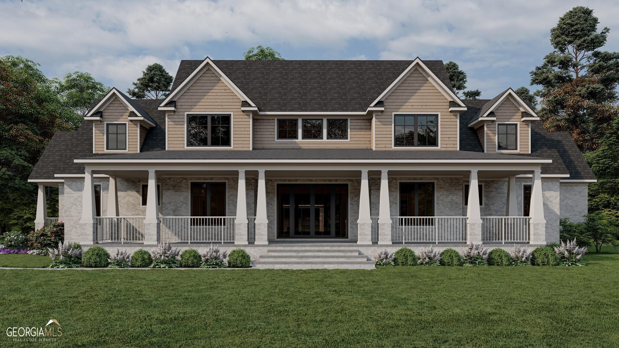 a view of a white house with a large windows and a yard