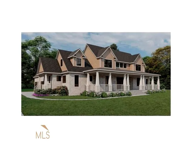 a view of a white house with a big yard and potted plants