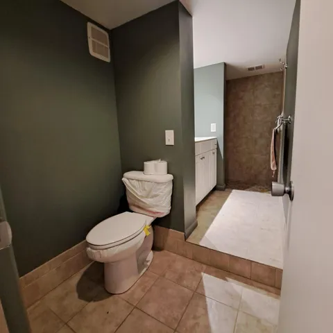 a bathroom with a toilet and a shower