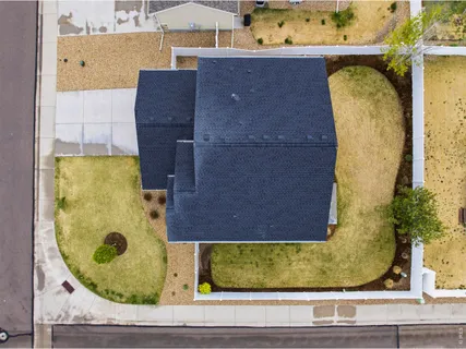 an aerial view of a swimming pool