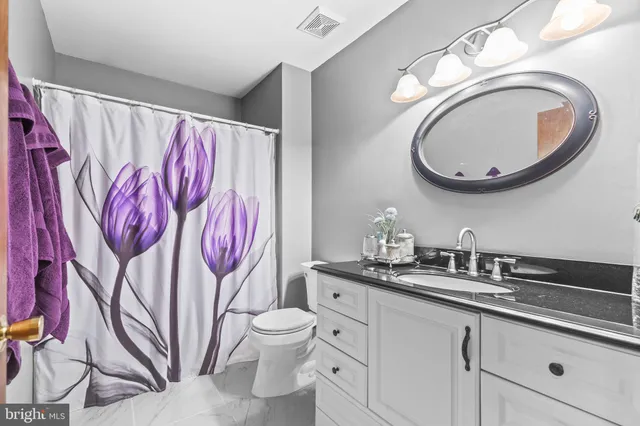 a bathroom with a toilet sink vanity granite and mirror