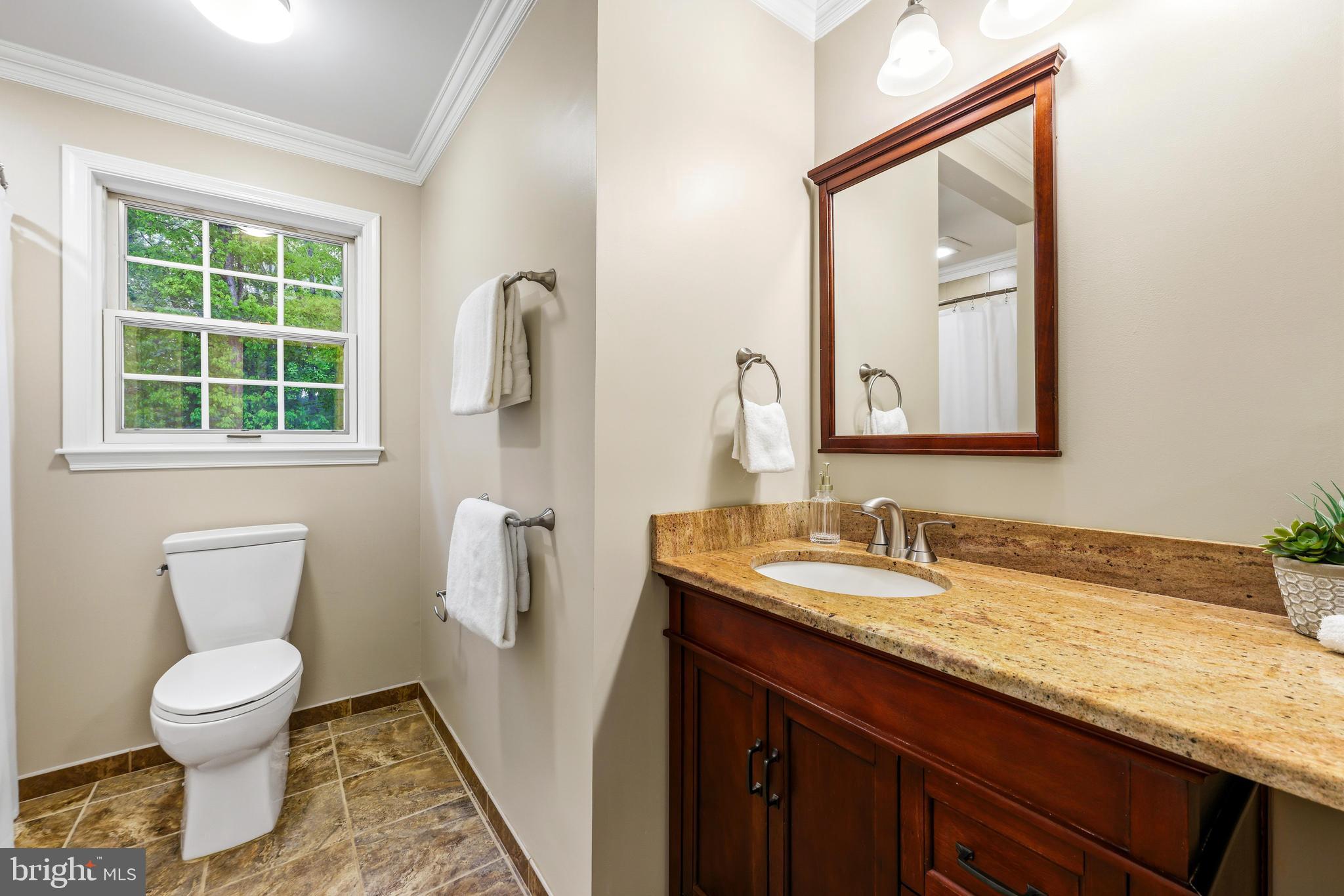 1074 Foxcroft Run Annapolis, MD 21401 - Photo 36 of 66 a bathroom with a granite countertop toilet sink and mirror