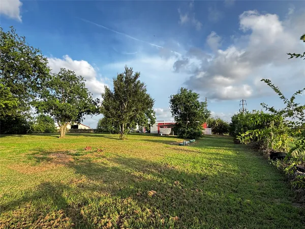 a view of a grassy field with trees in the background